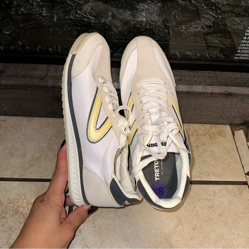 Tretorn White and Cream Sneakers with Yellow Accents